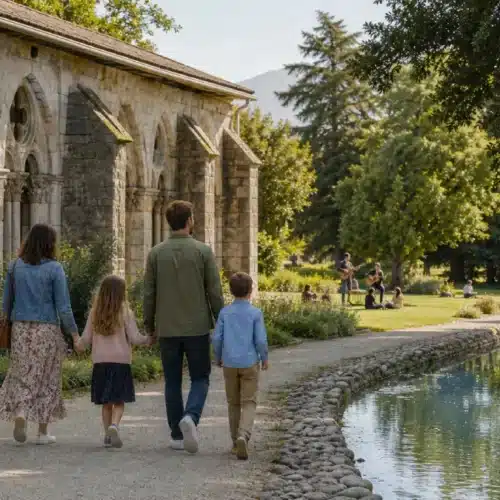 Famille se promenant devant le cloître du Jardin Massey lors d’une sortie à Tarbes